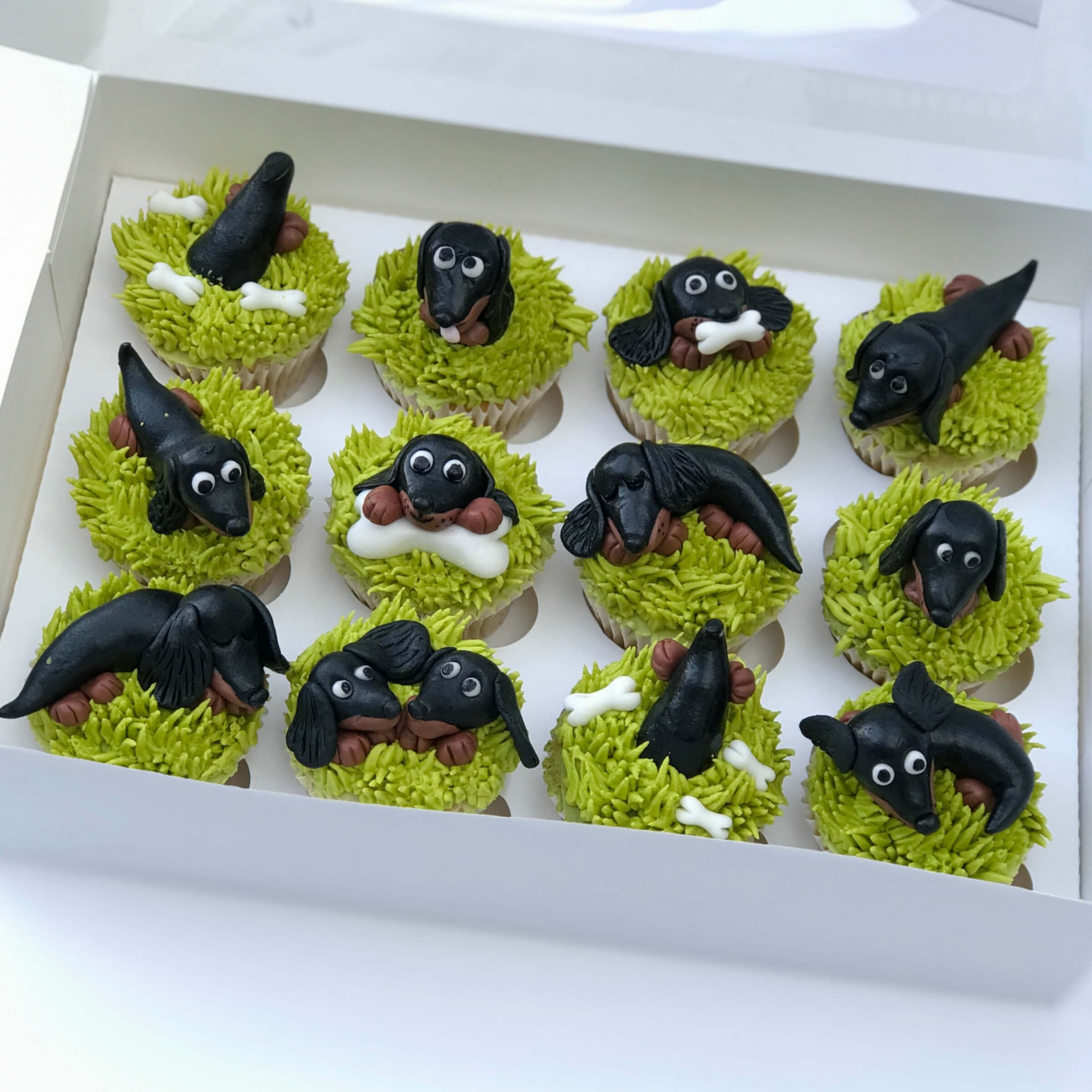 Cupcakes with hand-modelled black dachshund characters on green buttercream grass
