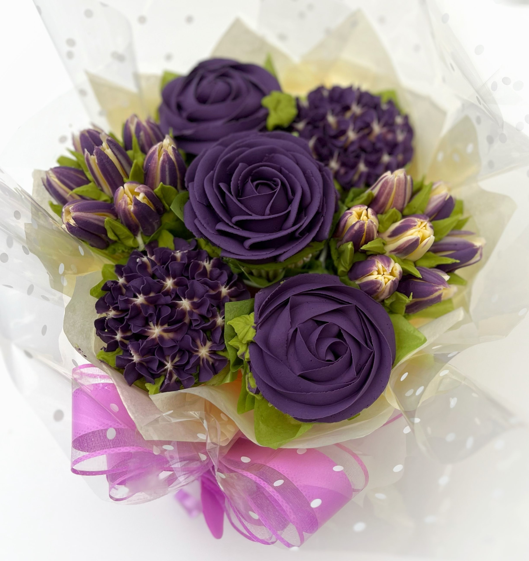 Classic 7-cupcake bouquet in deep purple buttercream flowers
