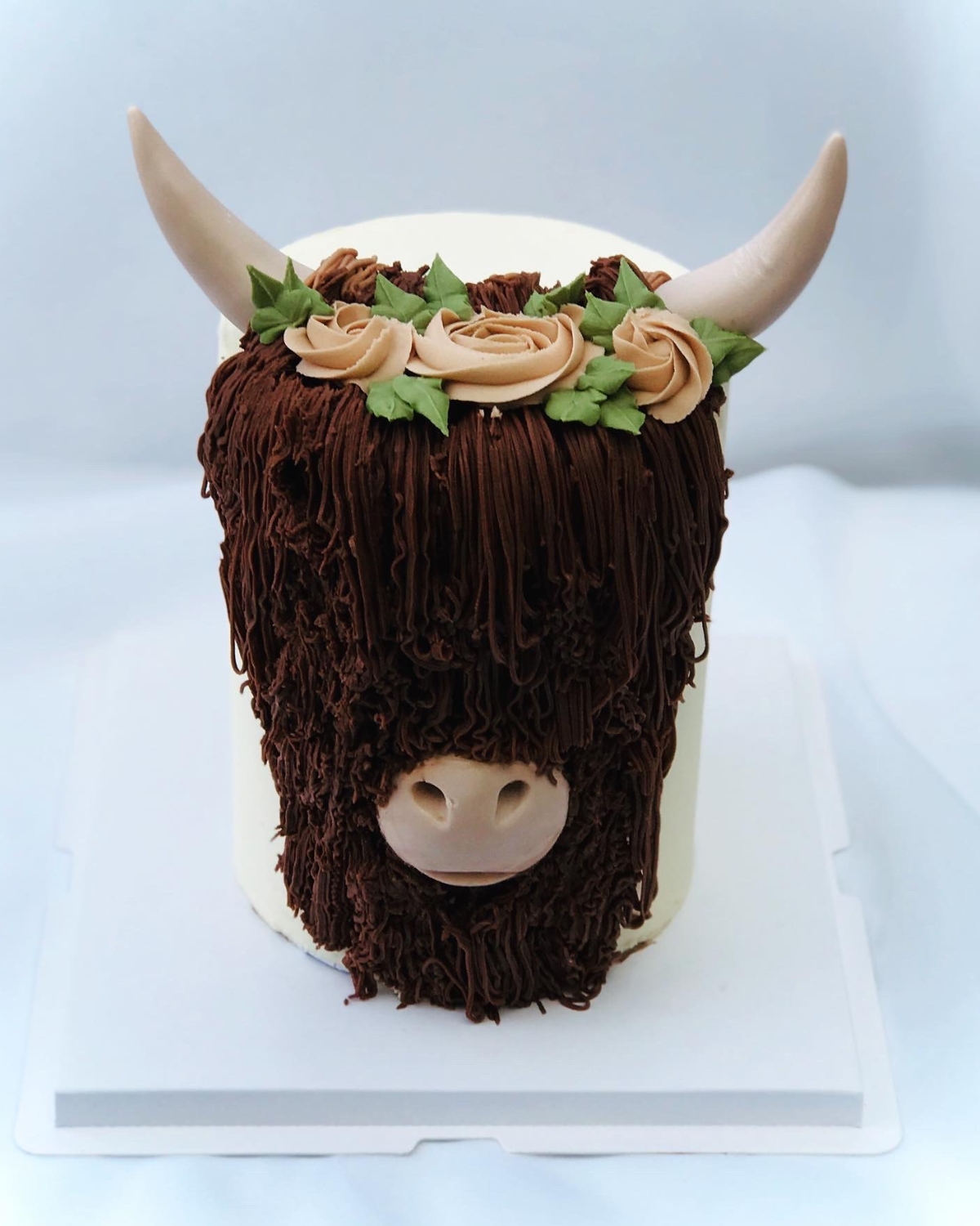 Highland cow celebration cake with piped buttercream fur and sugar horns